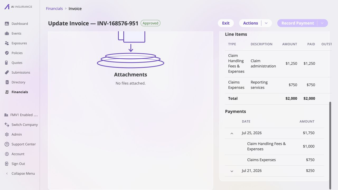 Approved invoice INV-168576-951 after full settlement, with both line-item Paid amounts matching their totals and the July 25, 2026 payment expanded to show $1,000 for Claim Handling Fees and Expenses and $750 for Claims Expenses.