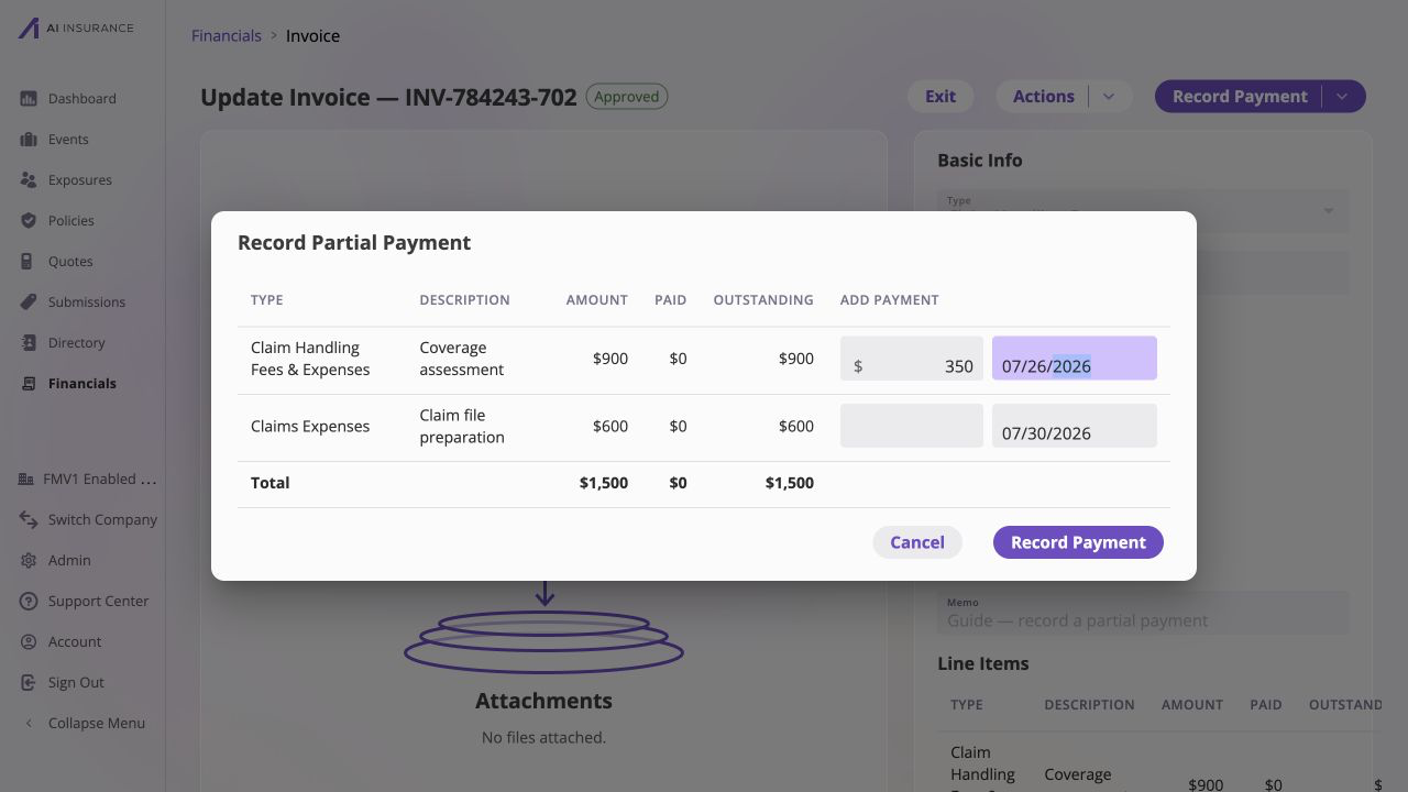 Record Partial Payment dialog for approved invoice INV-784243-702 showing Amount, Paid, and Outstanding for two lines, a $350 payment dated July 26, 2026 on Coverage assessment, a blank payment amount on Claim file preparation, and an enabled Record Payment button.