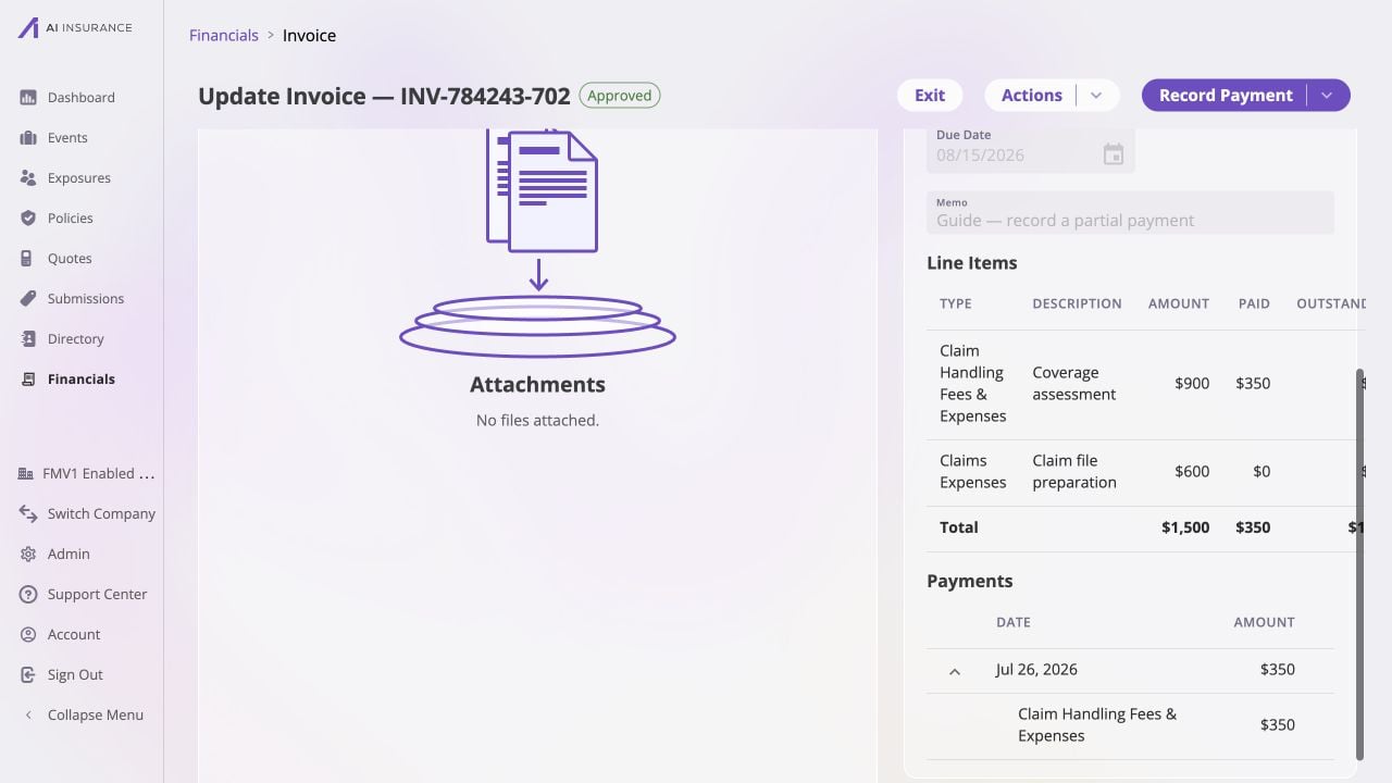 Approved invoice INV-784243-702 after a $350 partial payment, showing $350 paid against the $900 Coverage assessment line, the untouched $600 line, a $1,150 outstanding total, and the July 26, 2026 payment expanded in Payments.