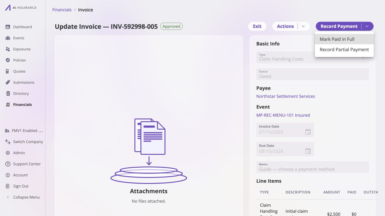 Approved Owed invoice INV-592998-005 for Northstar Settlement Services and the MP-REC-MENU-101 event, with the Record Payment menu open to Mark Paid in Full and Record Partial Payment above its two open line items.
