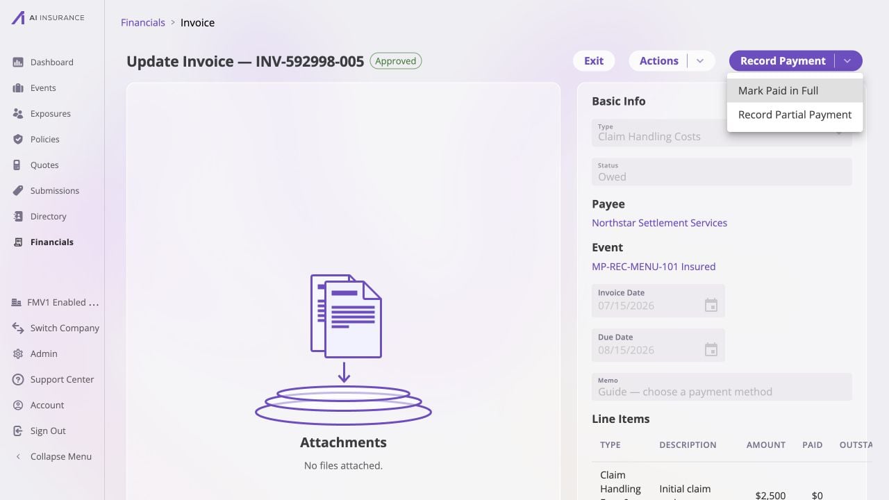 Approved Owed invoice INV-592998-005 for Northstar Settlement Services and the MP-REC-MENU-101 event, with the Record Payment menu open to Mark Paid in Full and Record Partial Payment above its two open line items.