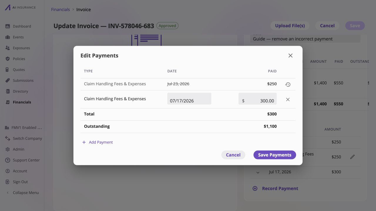 Edit Payments dialog for INV-578046-683 with the July 23, 2026 $250 payment struck through, its restore control visible, the July 17 $300 payment intact, and updated Total $300 and Outstanding $1,100.