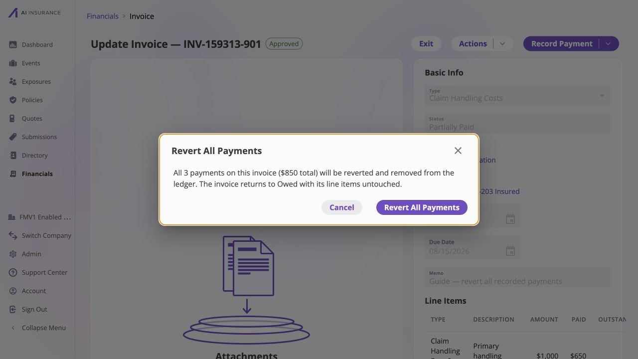 Revert All Payments confirmation for approved invoice INV-159313-901 stating that all 3 payments totaling $850 will be removed from the ledger and the invoice will return to Owed with line items untouched, with Cancel and Revert All Payments actions.