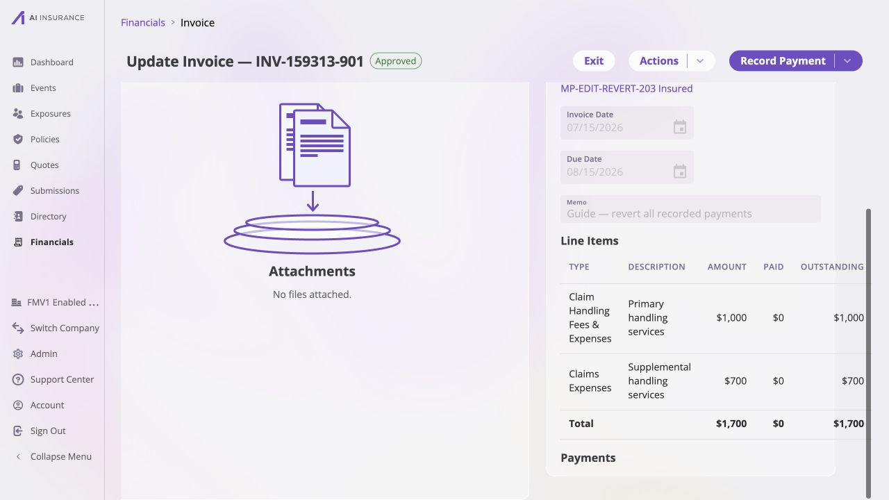 Approved invoice INV-159313-901 after reverting all payments, with unchanged $1,000 and $700 line items, Paid $0, Outstanding $1,700, and an empty Payments section.