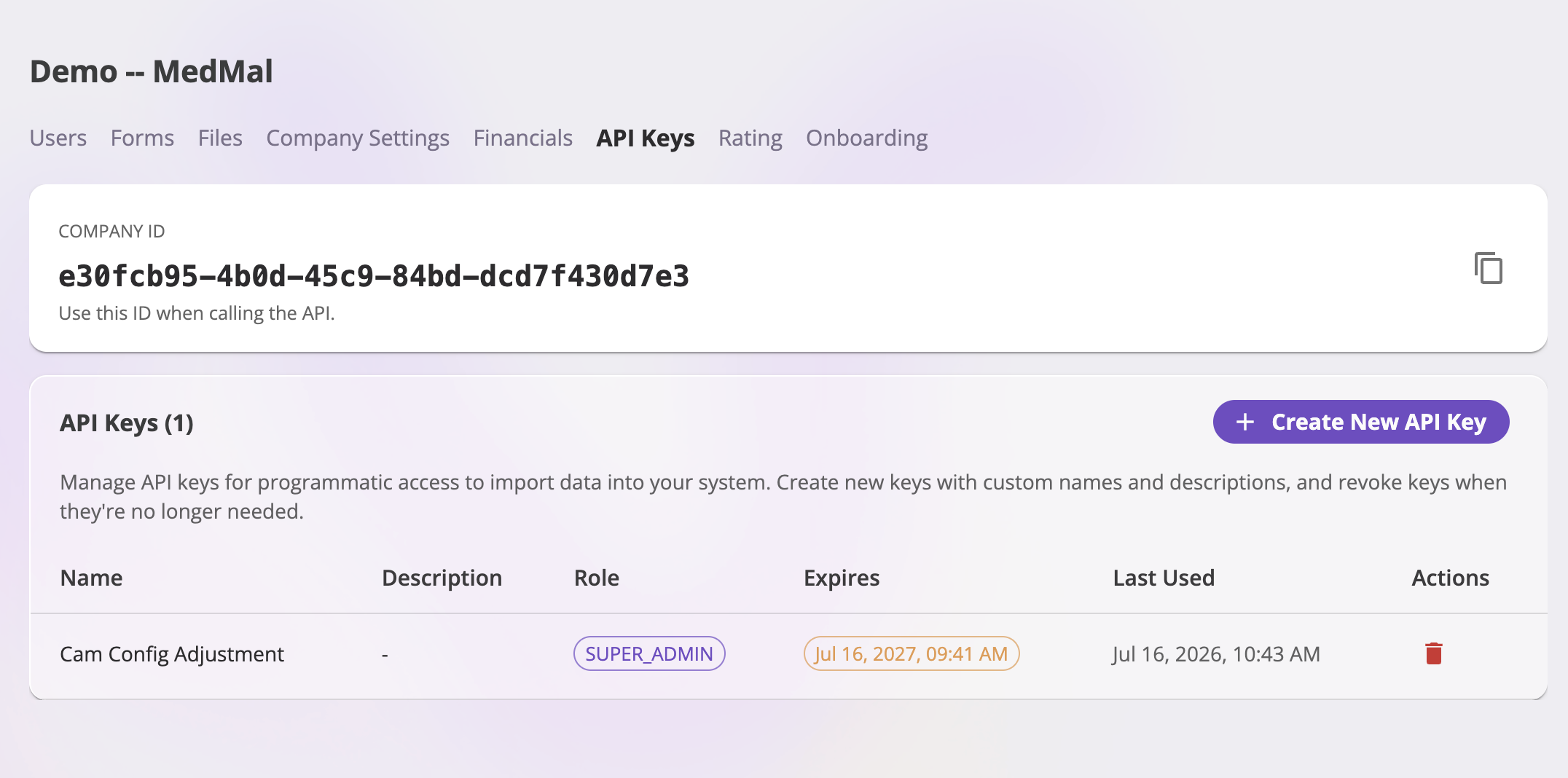 The admin API Keys tab showing a Company ID card with a copy button, and below it an API Keys table with Name, Description, Role, Expires, Last Used, and Actions columns plus a Create New API Key button.
