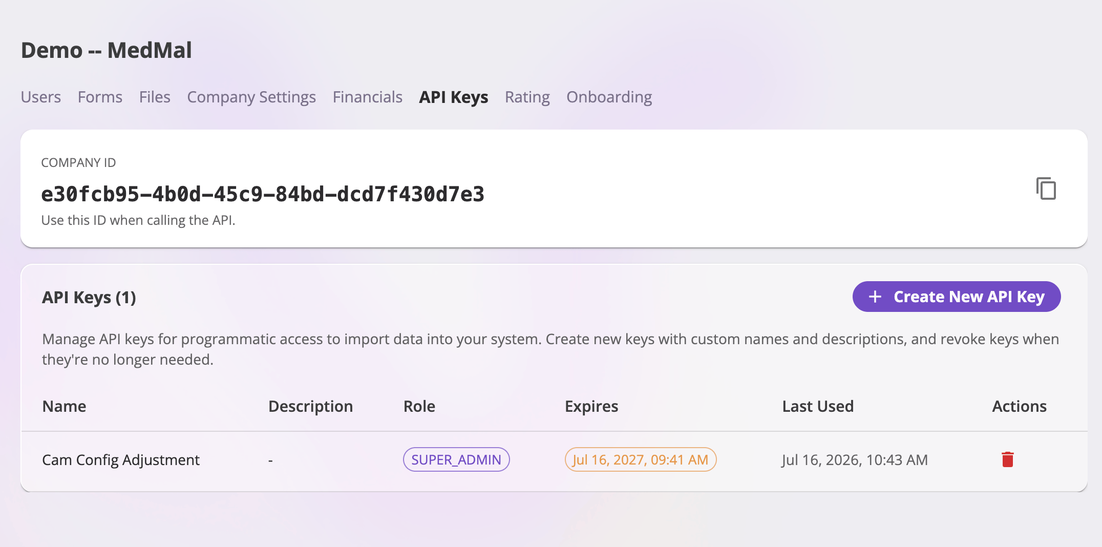 The admin API Keys tab showing a Company ID card with a copy button, and below it an API Keys table with Name, Description, Role, Expires, Last Used, and Actions columns plus a Create New API Key button.