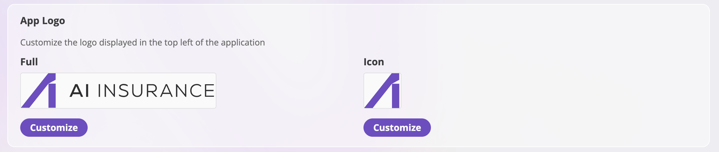 The App Logo card showing preview boxes for the Full logo and the Icon, each with Customize (or Change / Download / Remove) buttons underneath.