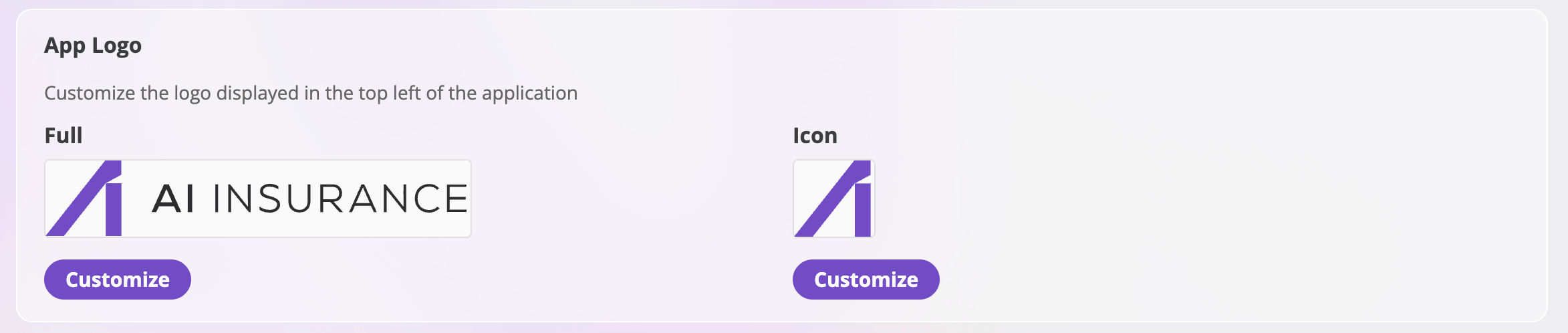 The App Logo card showing preview boxes for the Full logo and the Icon, each with Customize (or Change / Download / Remove) buttons underneath.