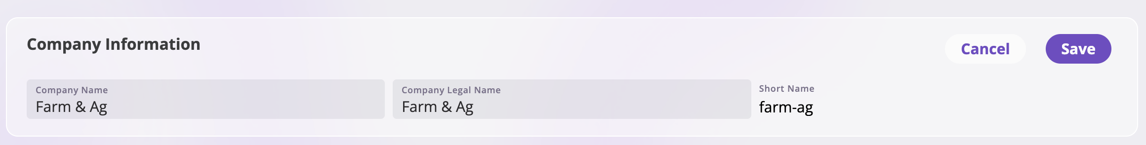 The Company Information card with Company Name and Company Legal Name text fields in edit mode and Save and Cancel buttons at the top right.