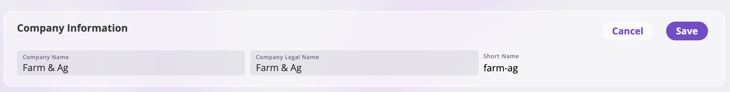 The Company Information card with Company Name and Company Legal Name text fields in edit mode and Save and Cancel buttons at the top right.