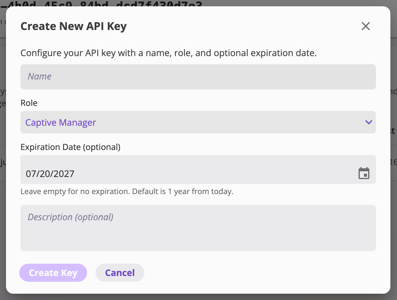 The Create New API Key dialog with a Name field, a Role dropdown, an optional Expiration Date field noting the one-year default, an optional Description field, and Create Key / Cancel buttons.