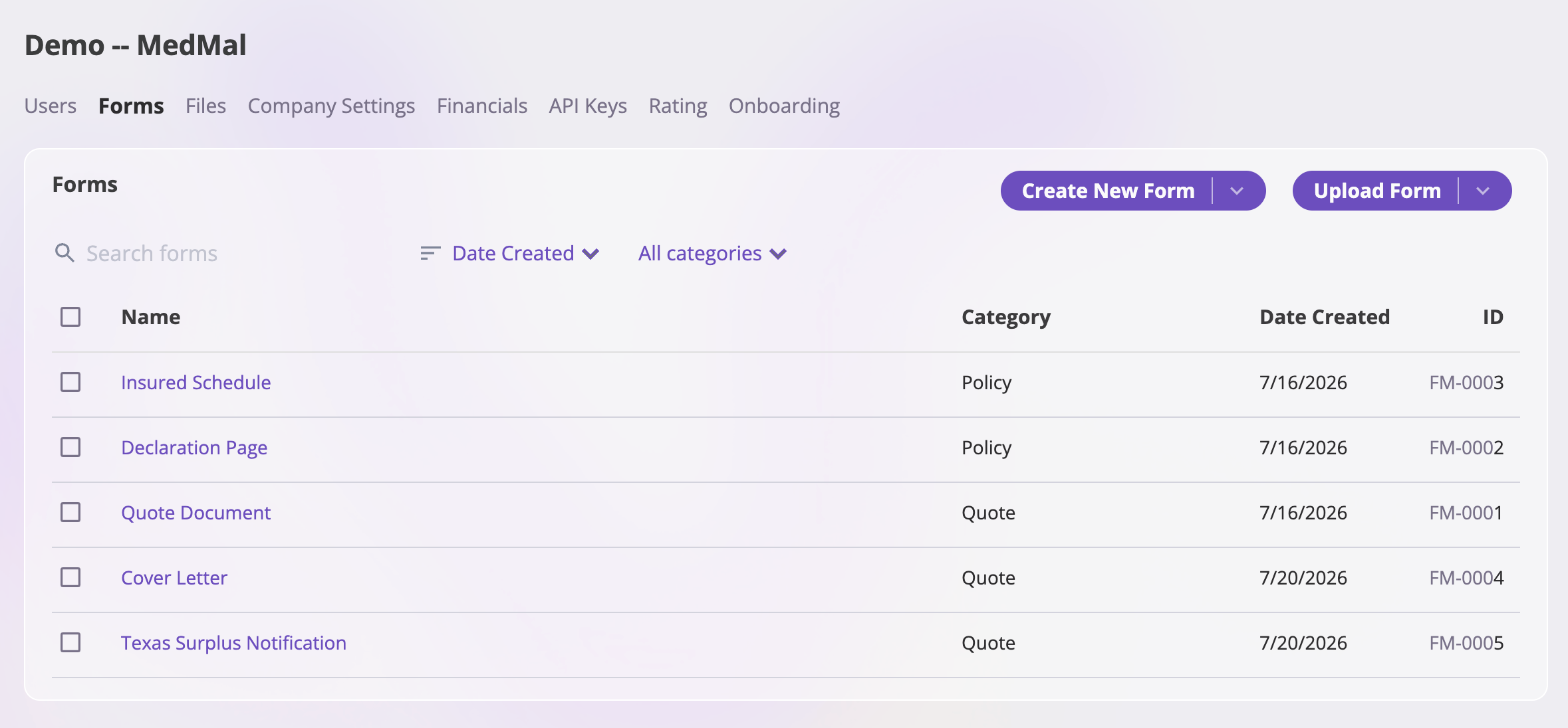 The admin Forms tab showing a table of form templates with Name, Category, Date Created, and ID columns, a search box, sort and category filter dropdowns, and Create New Form and Upload Form split buttons at the top right.