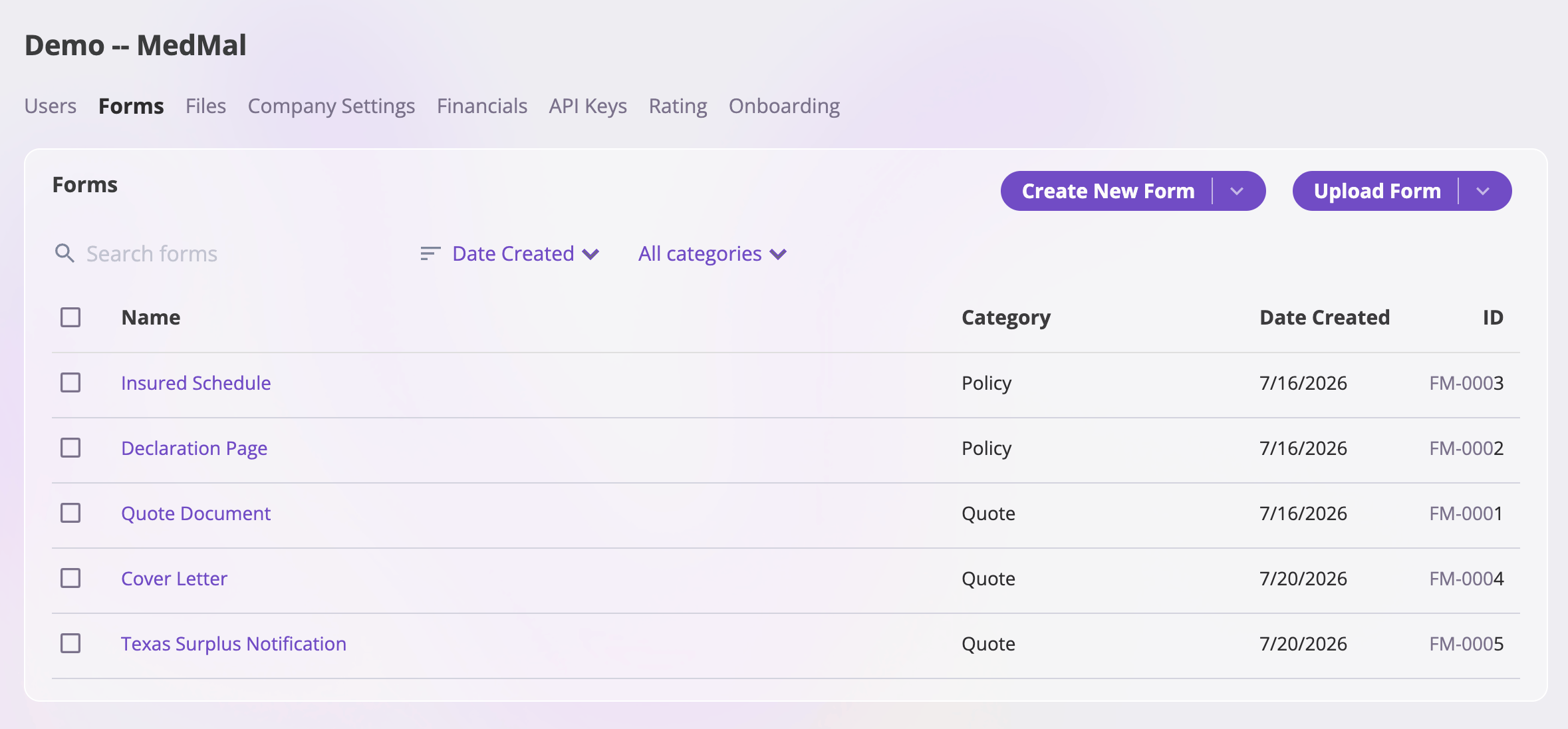 The admin Forms tab showing a table of form templates with Name, Category, Date Created, and ID columns, a search box, sort and category filter dropdowns, and Create New Form and Upload Form split buttons at the top right.