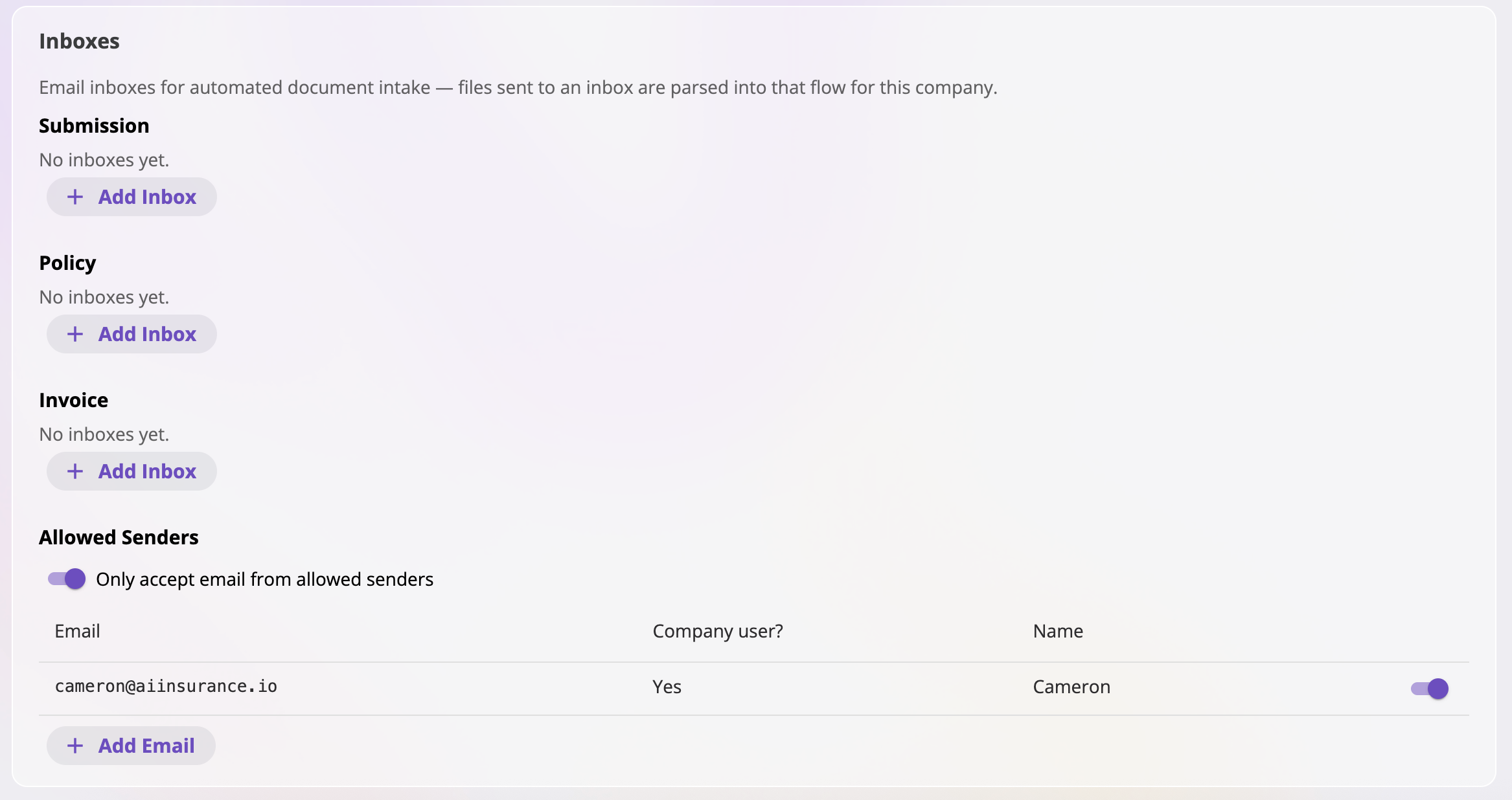 The Inboxes card showing Submission and Policy sections, each listing inbox addresses like acme-submissions@inbox.aiinsurance.io with copy, rename, and delete icons, and an Add Inbox button per section.