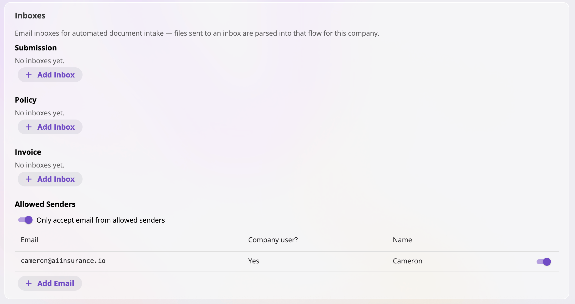 The Inboxes card showing Submission and Policy sections, each listing inbox addresses like acme-submissions@inbox.aiinsurance.io with copy, rename, and delete icons, and an Add Inbox button per section.
