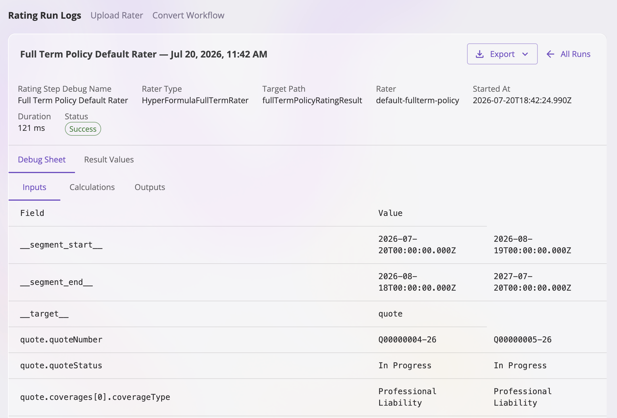 A rating run detail view showing a metadata panel with rating step debug name, rater type, target path, rater, started at, duration, and a Success status chip, above Debug Sheet and Result Values tabs and a row of sheet tabs rendered as a table.