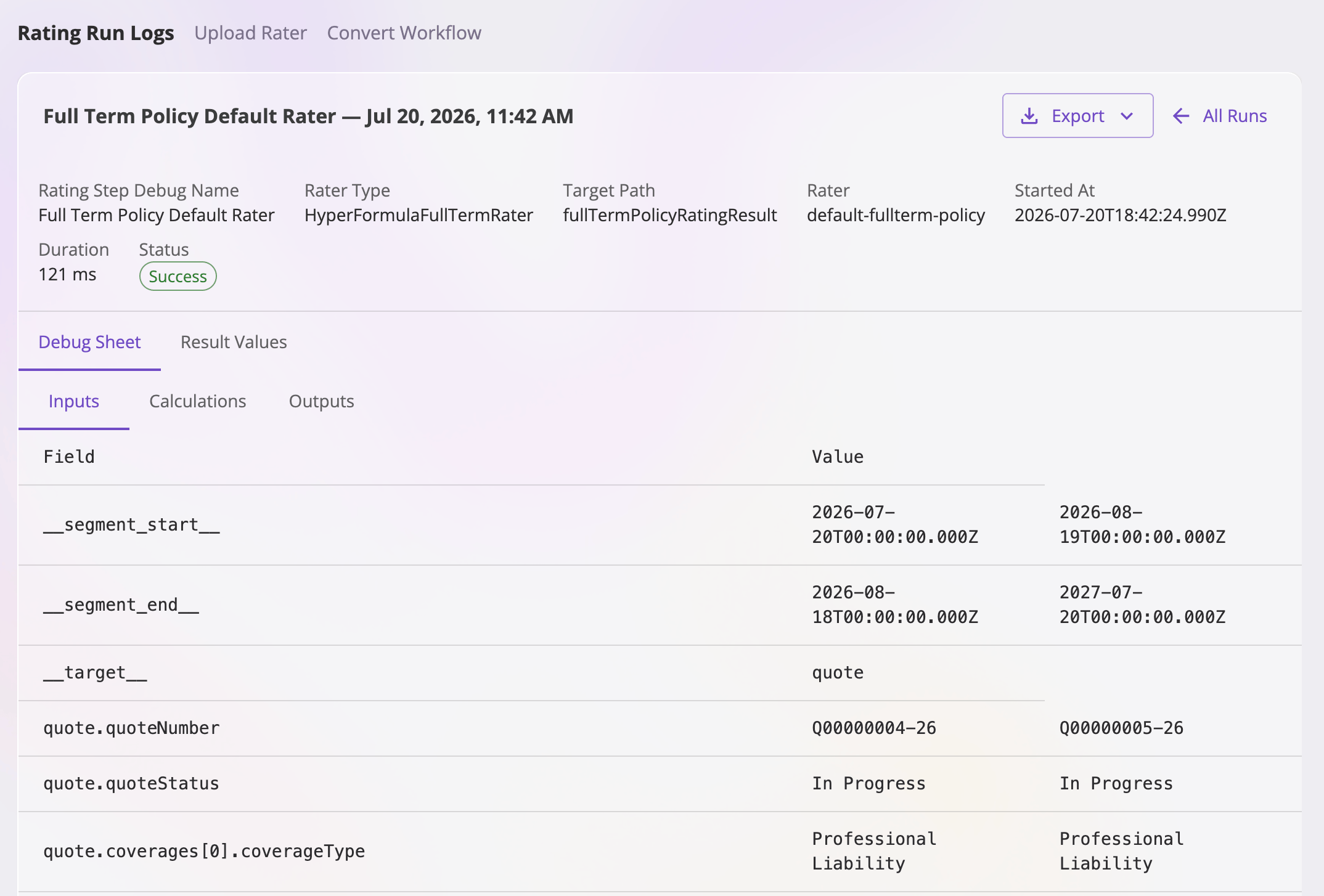 A rating run detail view showing a metadata panel with rating step debug name, rater type, target path, rater, started at, duration, and a Success status chip, above Debug Sheet and Result Values tabs and a row of sheet tabs rendered as a table.