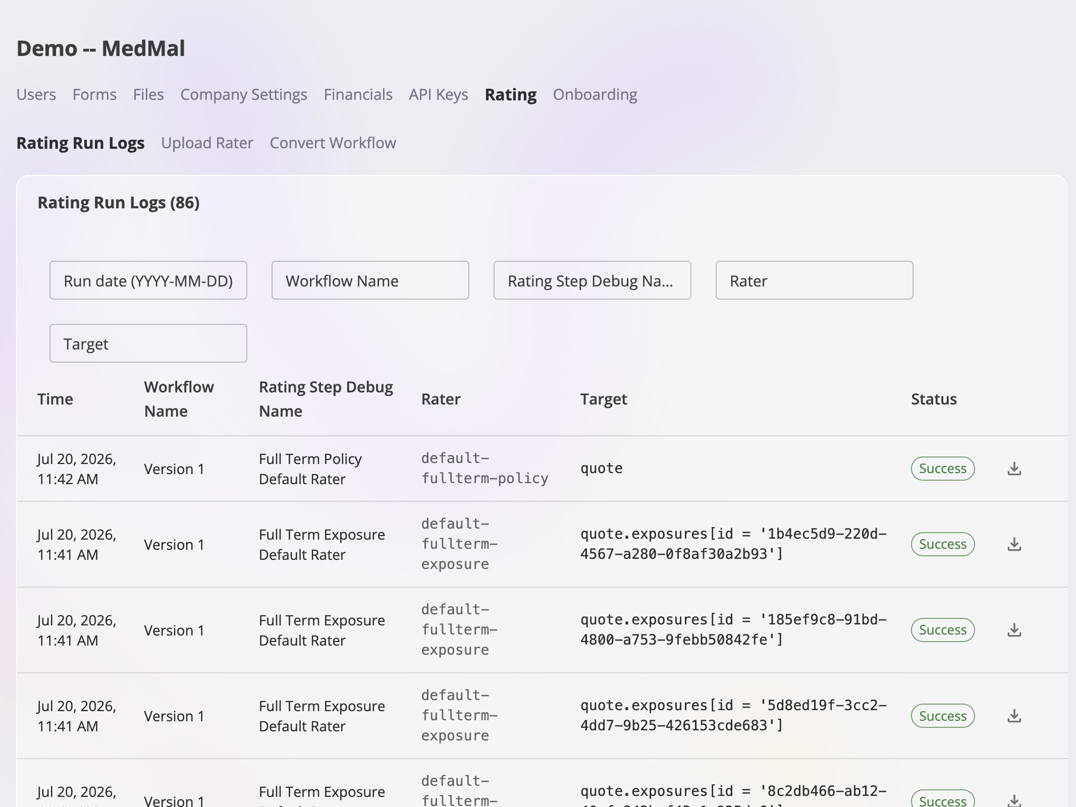 The Rating Run Logs tab showing filter fields for run date, workflow name, rating step debug name, rater, and target above a table with Time, Workflow Name, Rating Step Debug Name, Rater, Target, and Status columns; each row ends with a download icon.