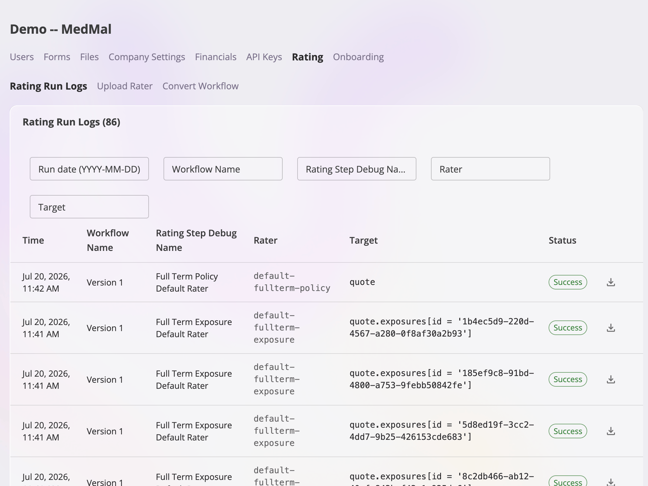 The Rating Run Logs tab showing filter fields for run date, workflow name, rating step debug name, rater, and target above a table with Time, Workflow Name, Rating Step Debug Name, Rater, Target, and Status columns; each row ends with a download icon.