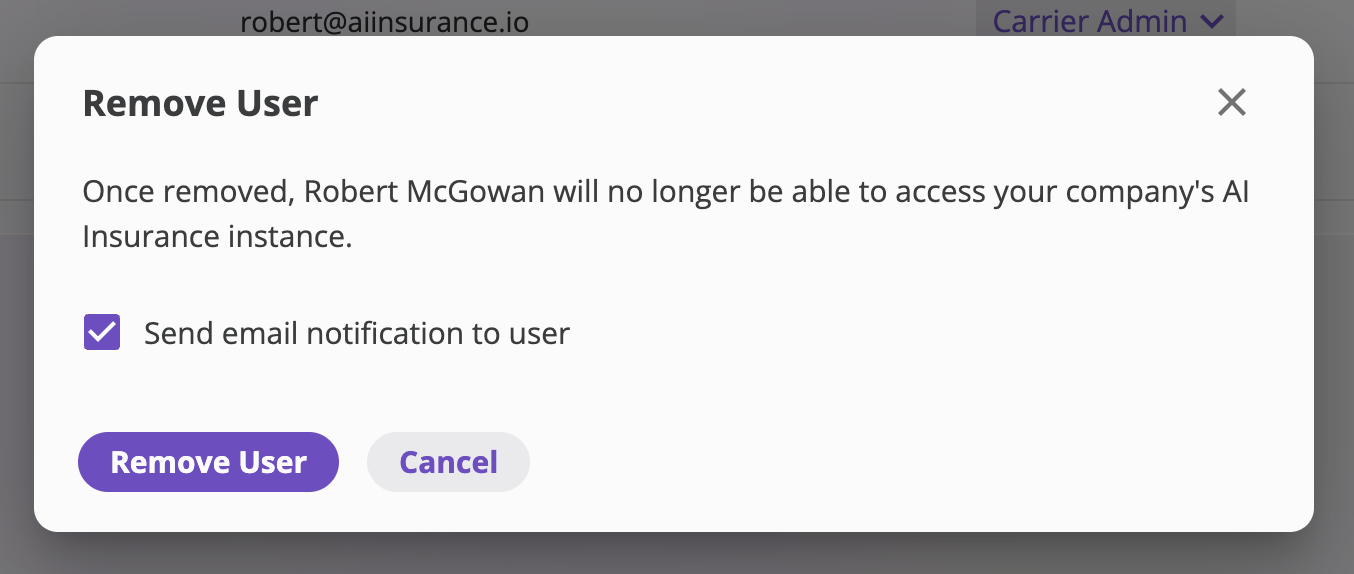 The Remove User dialog explaining that the user will no longer be able to access the company's AI Insurance instance, with a checked 'Send email notification to user' checkbox and Remove User / Cancel buttons.