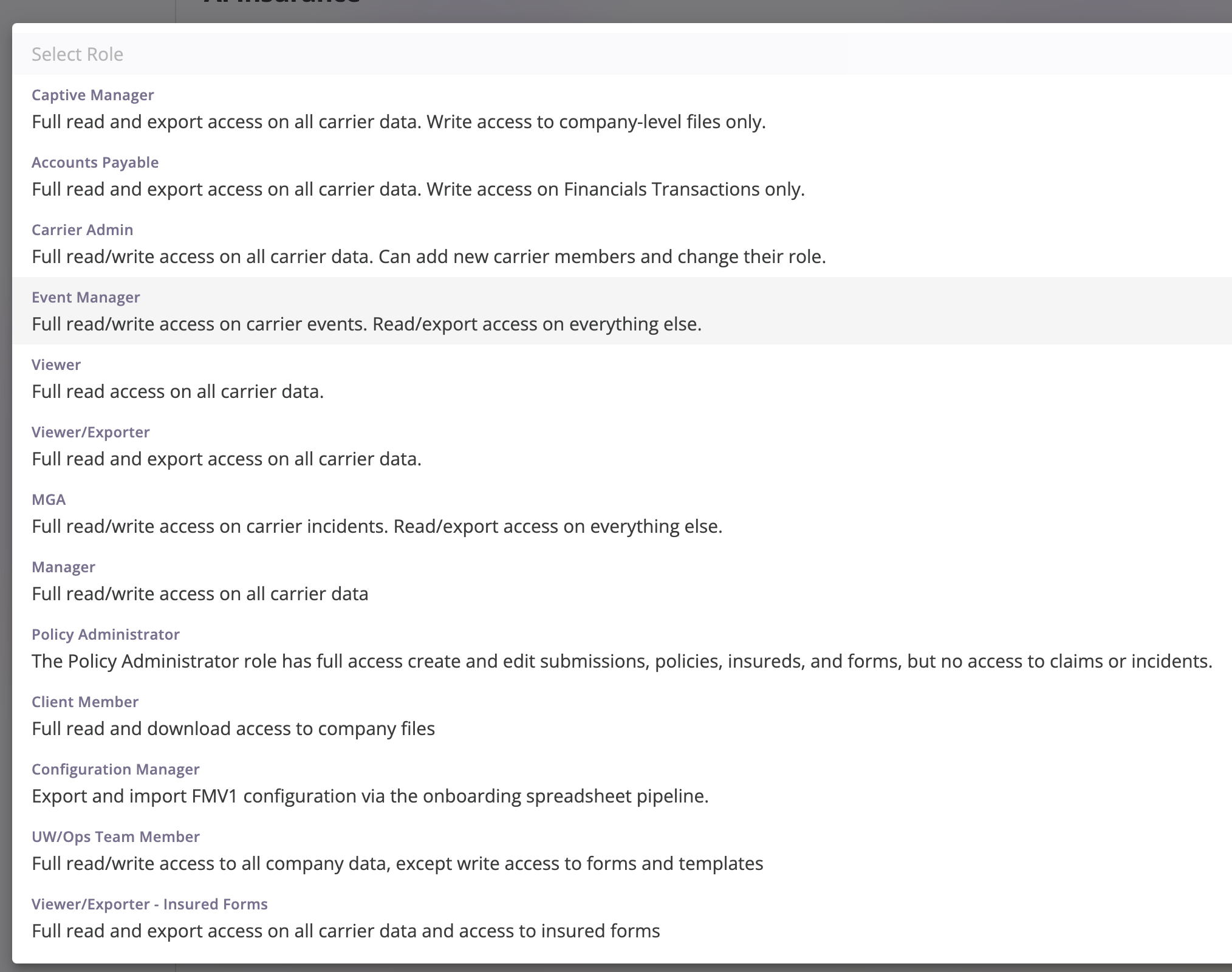 A user row with the Role dropdown expanded, listing roles such as Carrier Admin, Manager, and Viewer, each with a short description underneath its name.