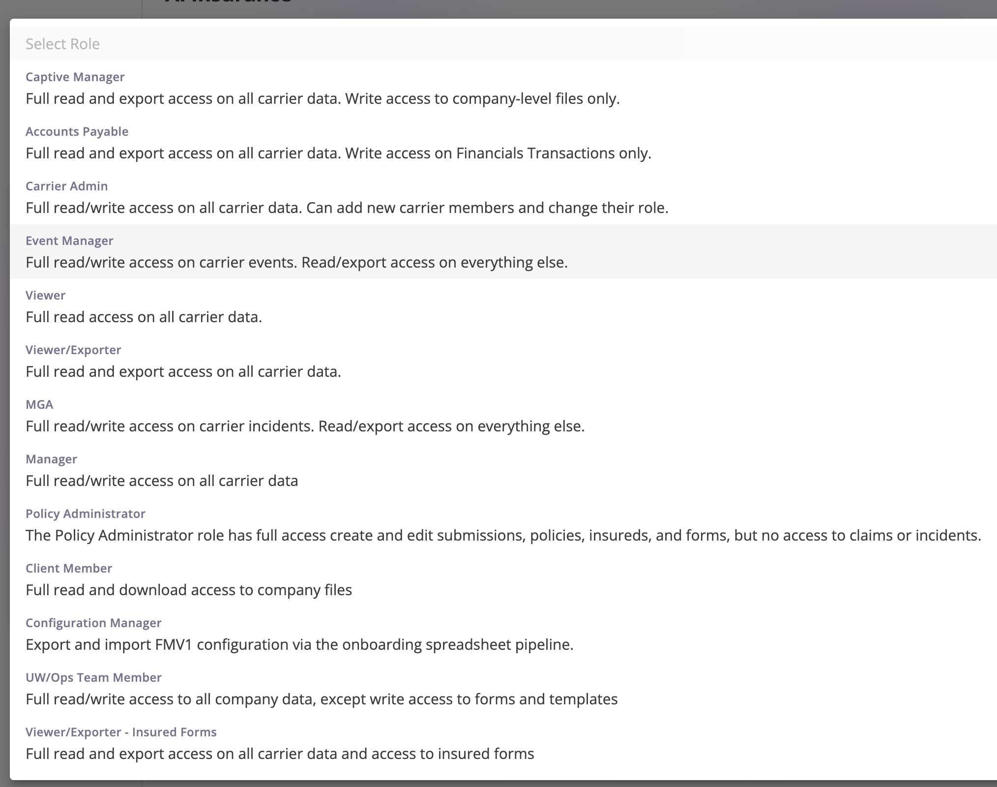 A user row with the Role dropdown expanded, listing roles such as Carrier Admin, Manager, and Viewer, each with a short description underneath its name.