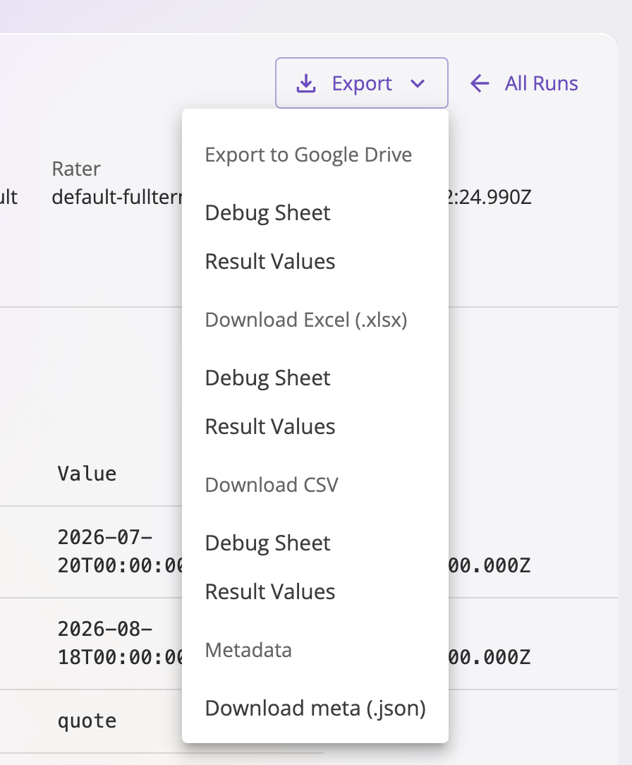 The Export menu open on a rating run, grouped by destination — Download Excel (.xlsx), Download CSV, and Export to Google Drive, each listing Debug Sheet and Result Values — with a Metadata section offering Download meta (.json).