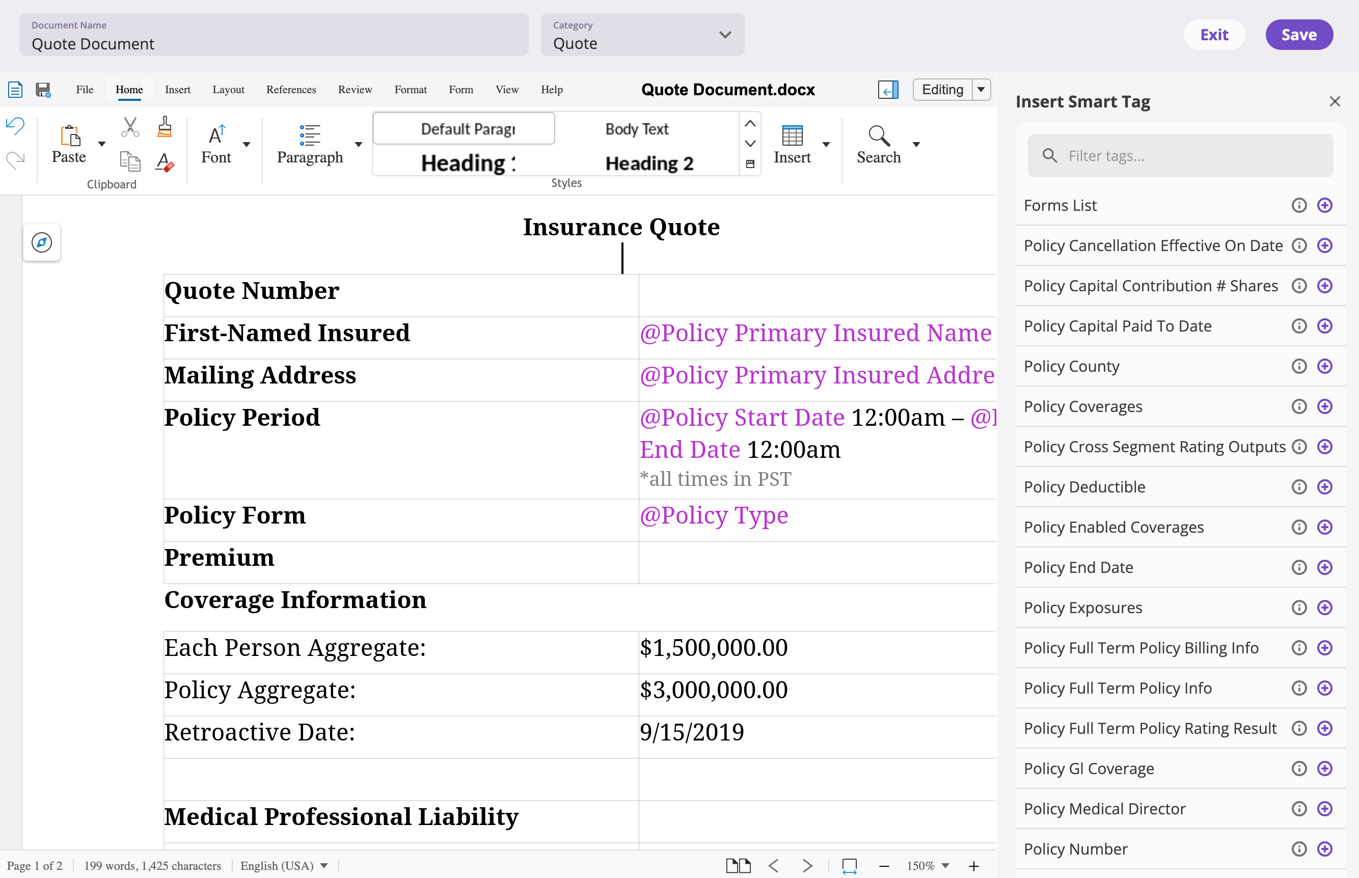 The Insert Smart Tag sidebar on the right edge of the document editor, with a 'Filter tags...' search box and a scrollable list of smart tags, each showing a display name and description.
