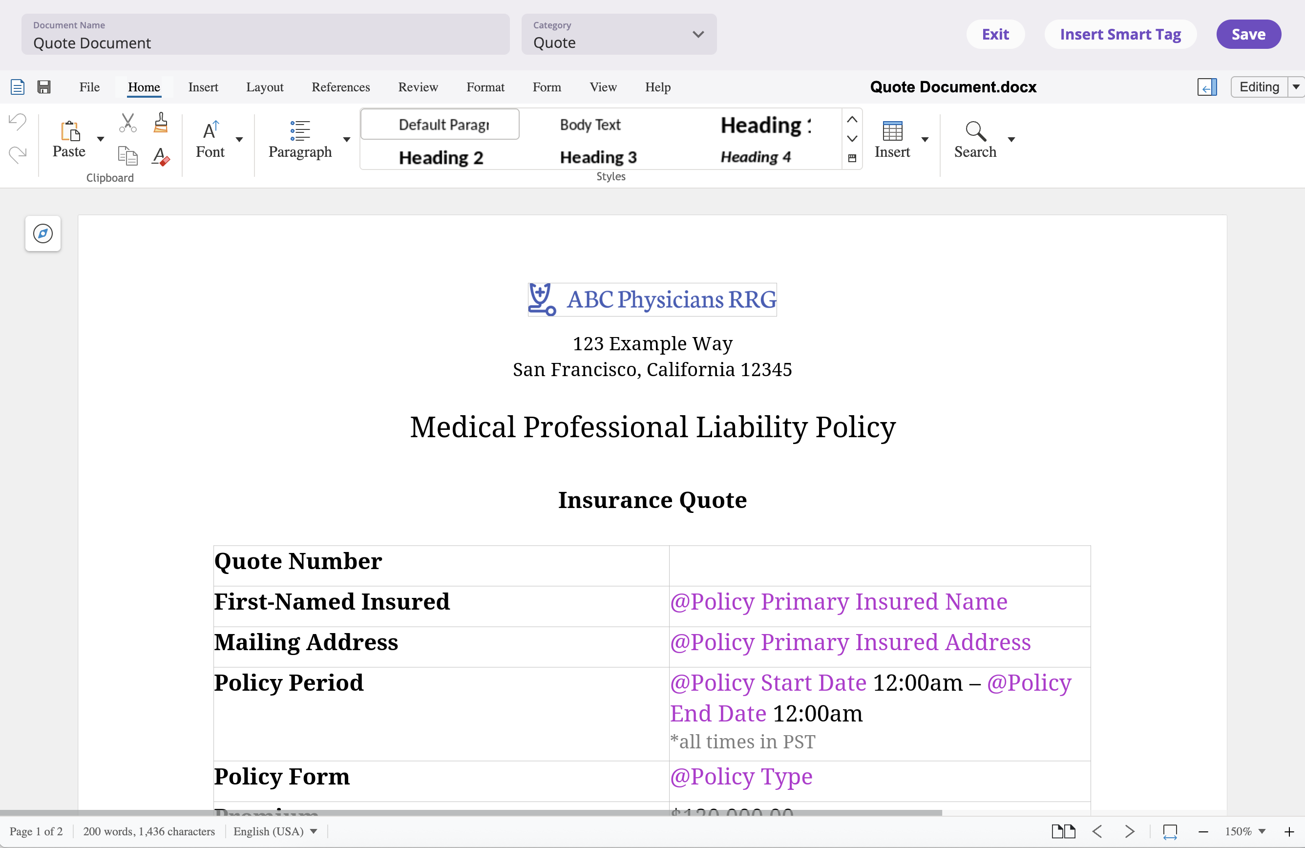 The full-screen document editor with a word-processing canvas, a Document Name field and Category dropdown at the top left, and Exit, Insert Smart Tag, and Save buttons at the top right.