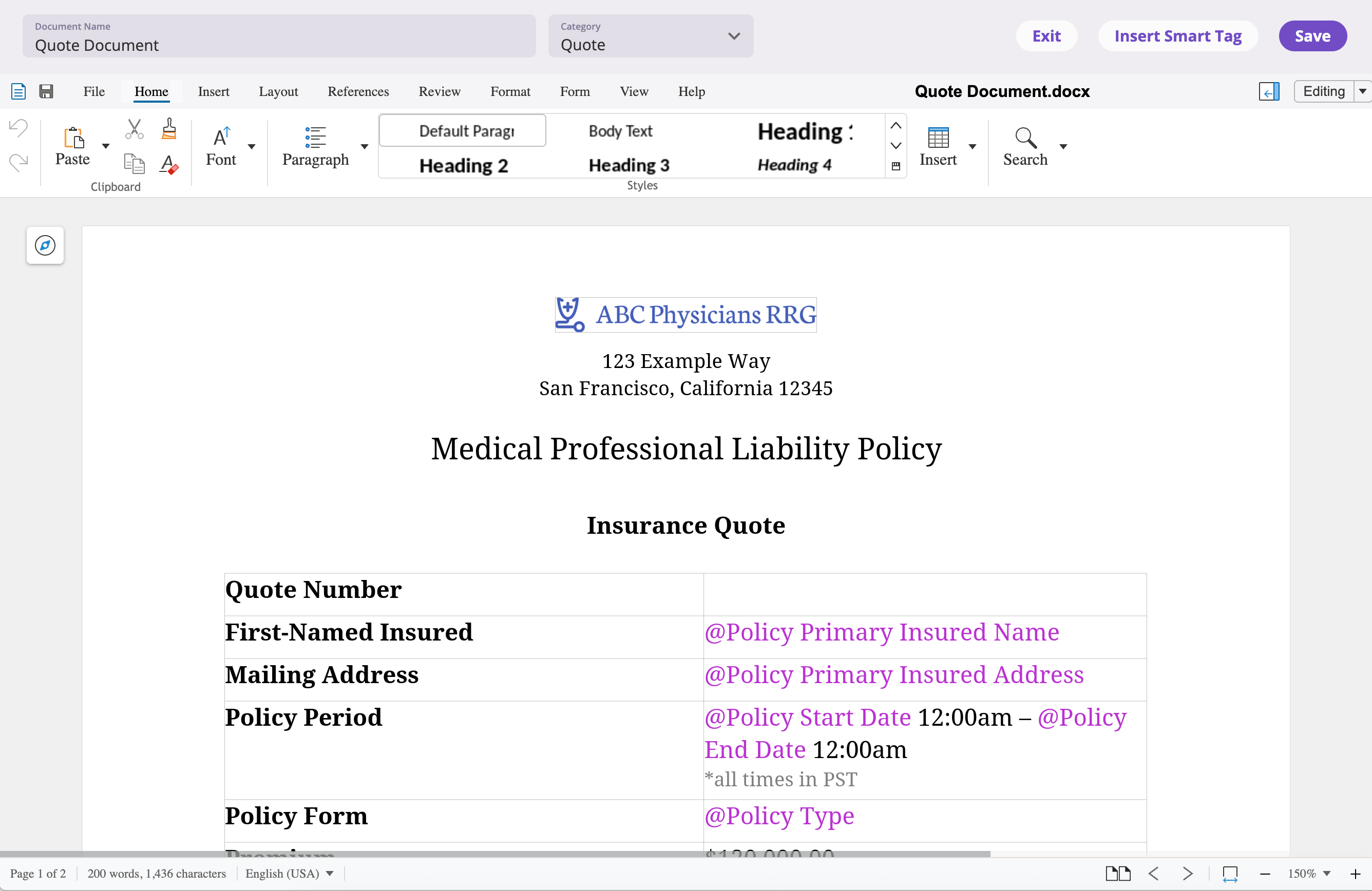 The full-screen document editor with a word-processing canvas, a Document Name field and Category dropdown at the top left, and Exit, Insert Smart Tag, and Save buttons at the top right.