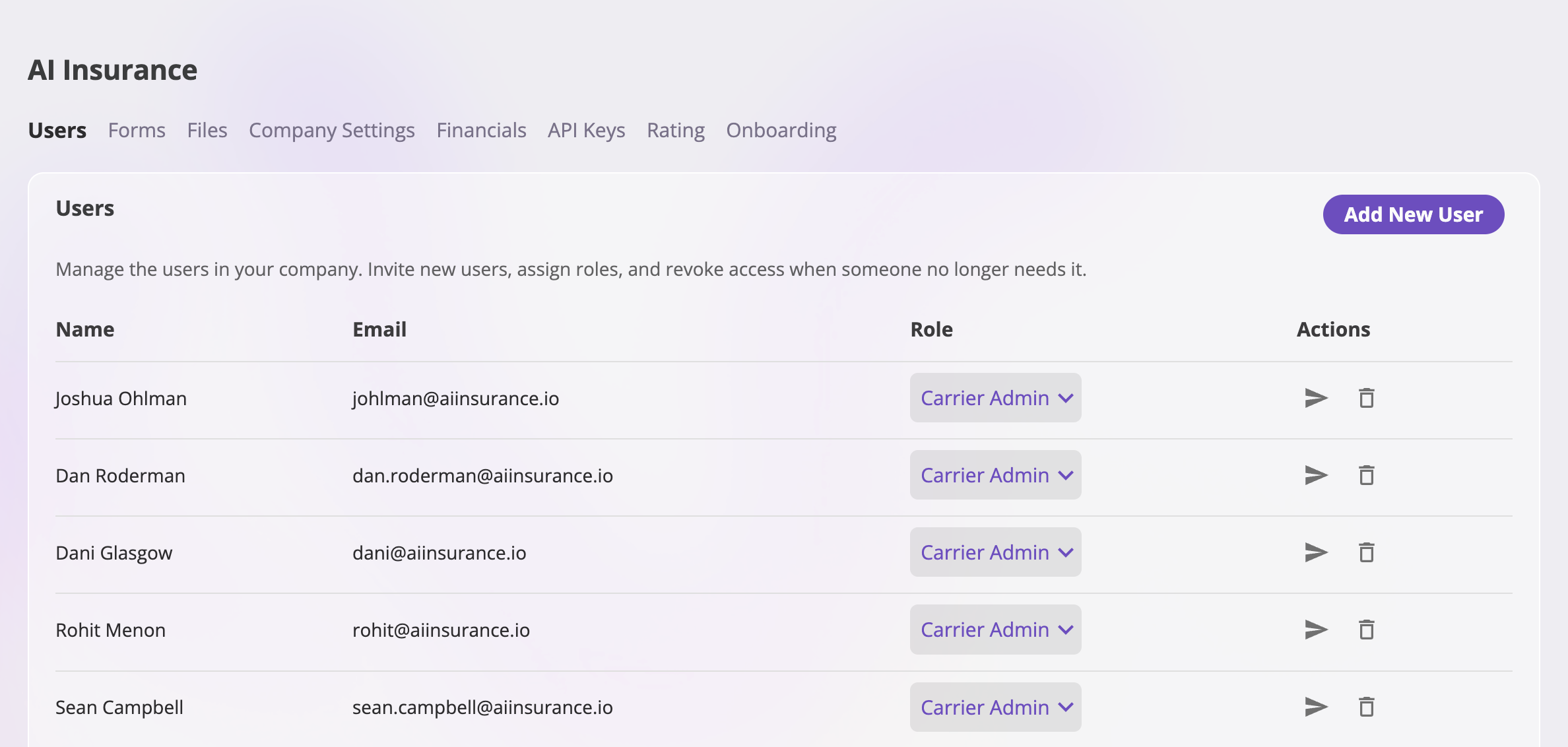 The admin Users tab showing a table of users with Name, Email, Role, and Actions columns, an inline role dropdown per row, resend-invite and remove icons, and an Add New User button at the top right.