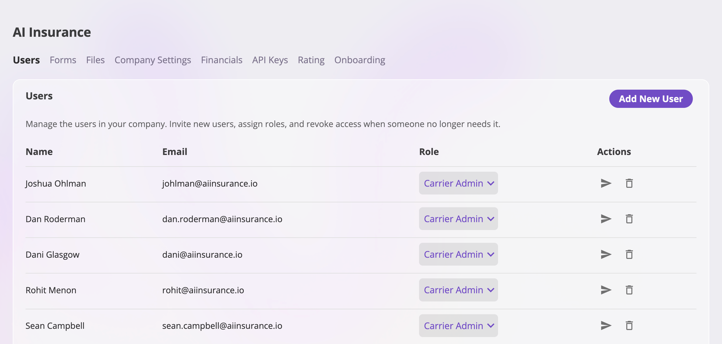 The admin Users tab showing a table of users with Name, Email, Role, and Actions columns, an inline role dropdown per row, resend-invite and remove icons, and an Add New User button at the top right.