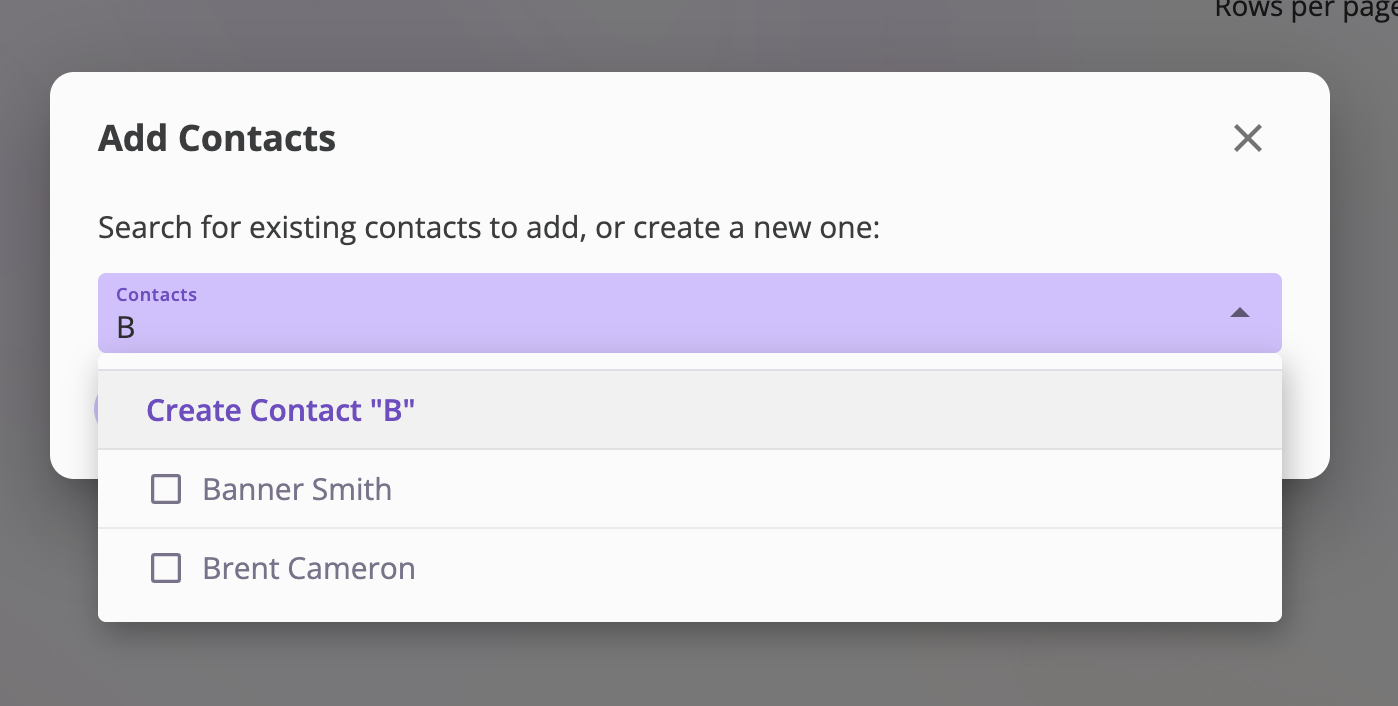 The Add Contacts dialog with the prompt to search for existing contacts or create a new one, a multi-select Contacts field with a person selected as a chip, a Create Contact option in the results, and Add Contacts and Cancel buttons.