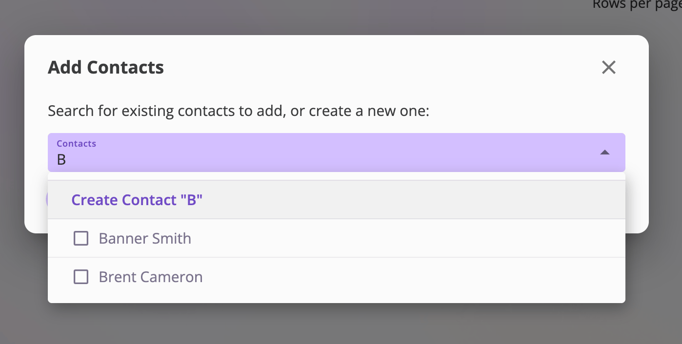 The Add Contacts dialog with the prompt to search for existing contacts or create a new one, a multi-select Contacts field with a person selected as a chip, a Create Contact option in the results, and Add Contacts and Cancel buttons.