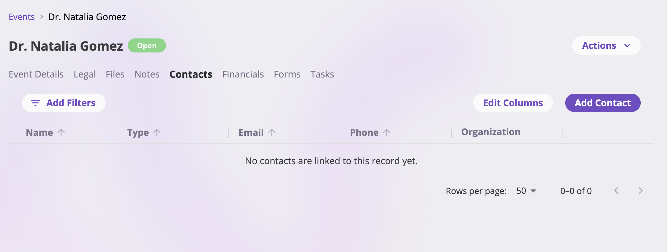 The Contacts tab on a claim showing a table of linked people with Name, Type, Email, Phone, and Organization columns, Edit Columns and Add Contact buttons, and per-row edit and remove icons.