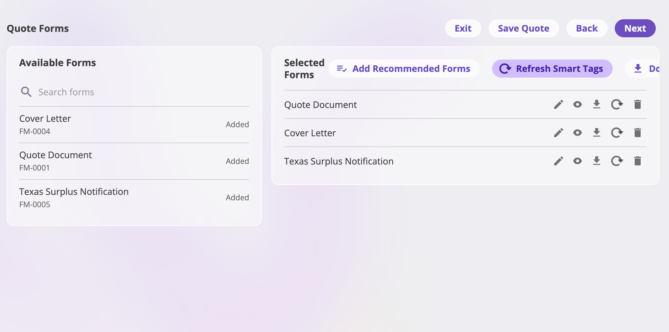 The Create Packet dialog with a Name field, a drag-to-reorder list of member forms each with a remove icon, an Add forms button, and Cancel and Save buttons.