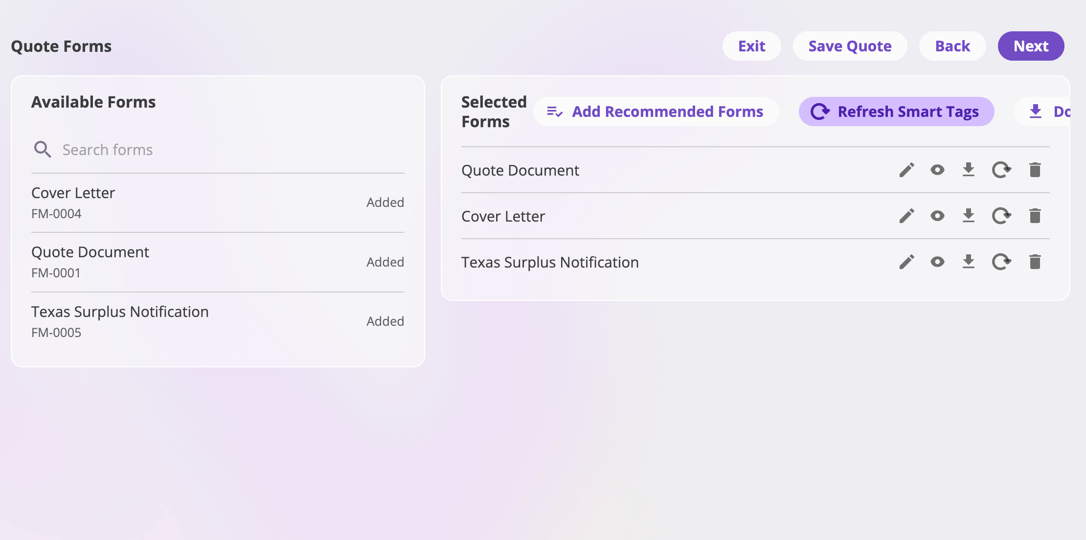 The Create Packet dialog with a Name field, a drag-to-reorder list of member forms each with a remove icon, an Add forms button, and Cancel and Save buttons.