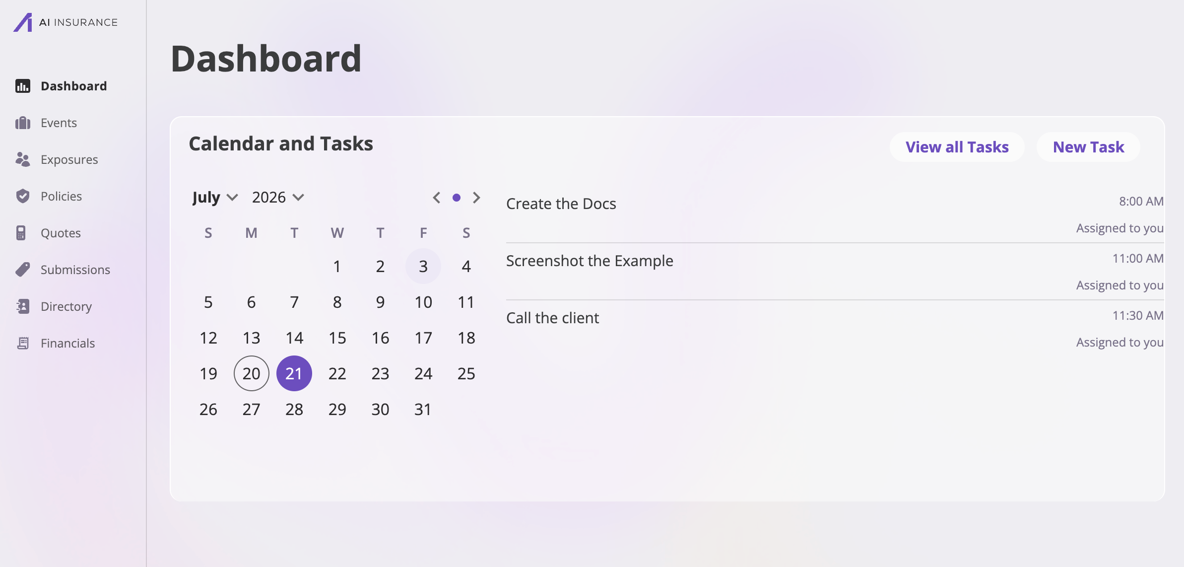 The Dashboard page showing the Calendar and Tasks card with New Task and View all Tasks buttons, a July 2026 month calendar with dots on days that have tasks, and a list of task cards for the selected day.