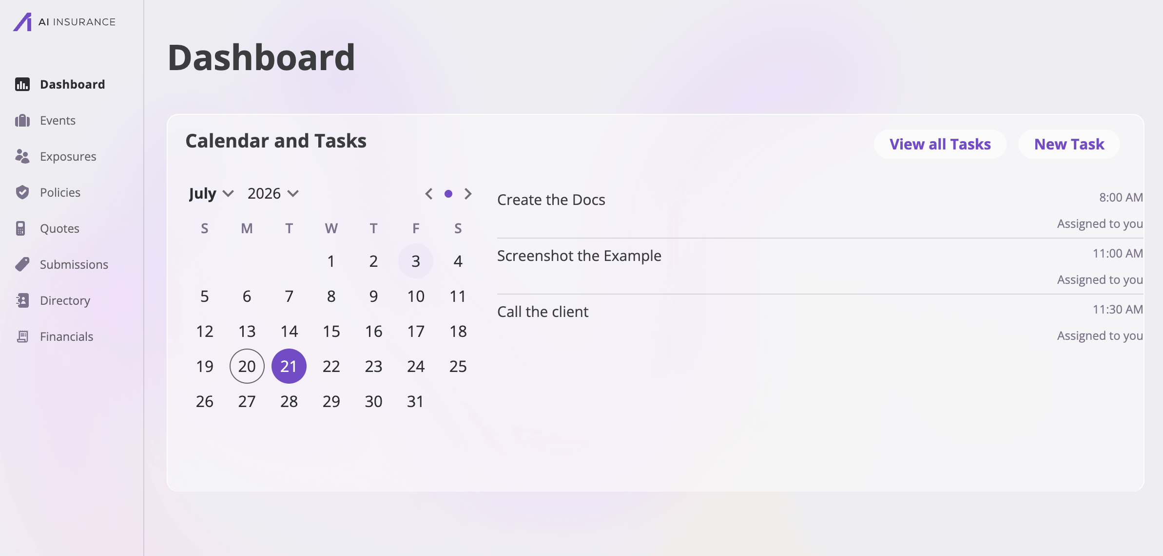 The Dashboard page showing the Calendar and Tasks card with New Task and View all Tasks buttons, a July 2026 month calendar with dots on days that have tasks, and a list of task cards for the selected day.