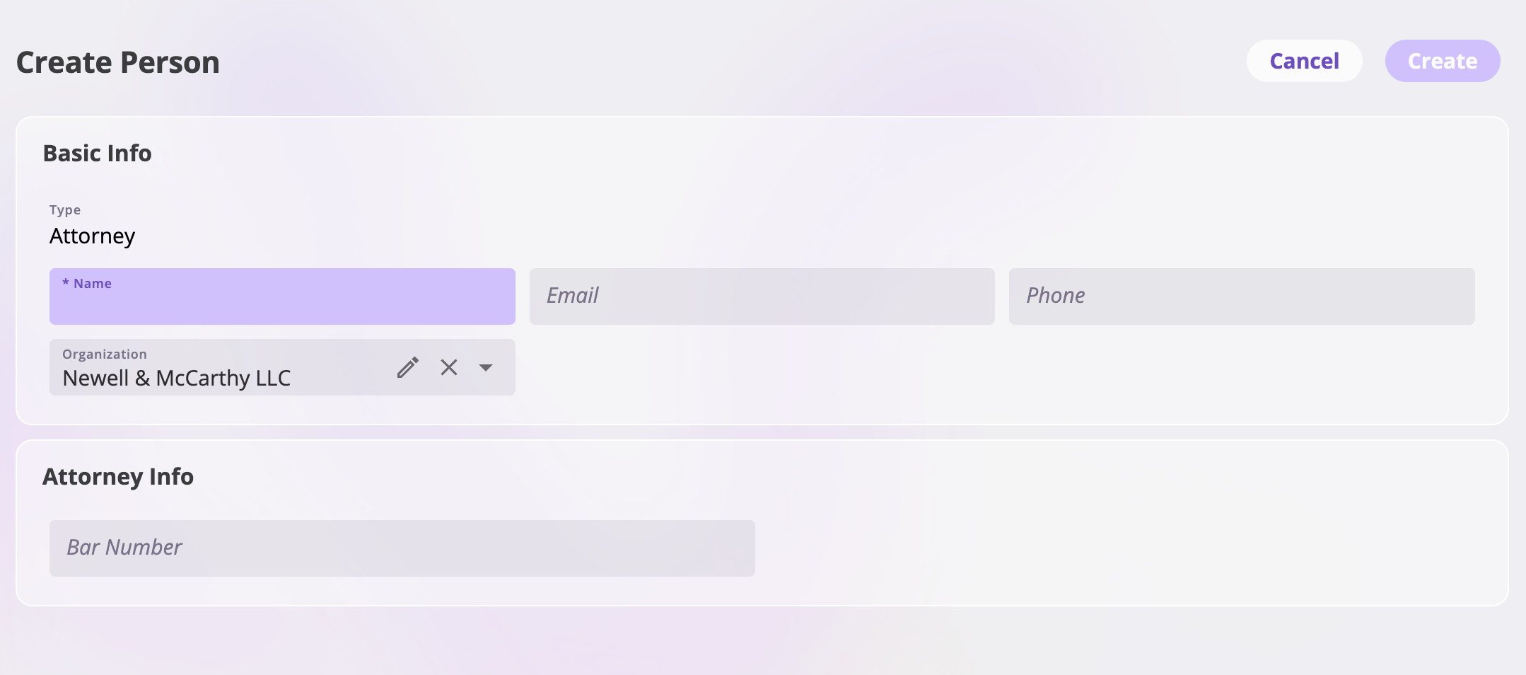 The Create Person page with the chosen type locked, fields for name, organization, email, and phone, and Cancel and Create buttons at the top right.