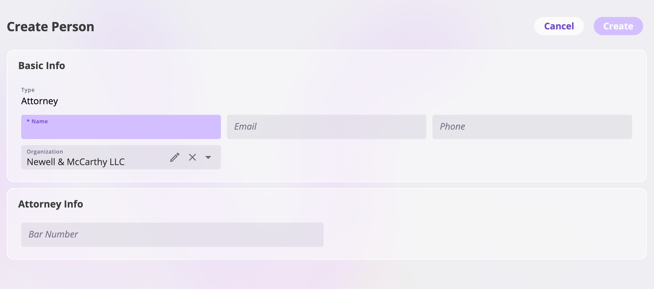 The Create Person page with the chosen type locked, fields for name, organization, email, and phone, and Cancel and Create buttons at the top right.