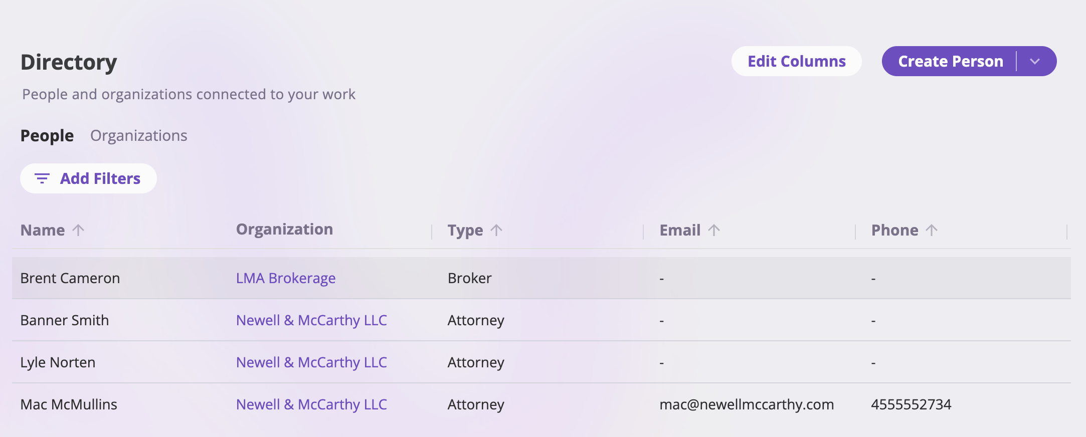 The Directory page showing People and Organizations tabs, a table of people with Name, Organization, Type, Email, and Phone columns, an Add Filters button, an Edit Columns button, and a Create Person split button with its type menu open.