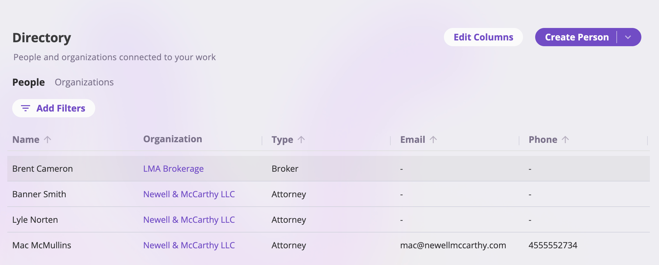 The Directory page showing People and Organizations tabs, a table of people with Name, Organization, Type, Email, and Phone columns, an Add Filters button, an Edit Columns button, and a Create Person split button with its type menu open.