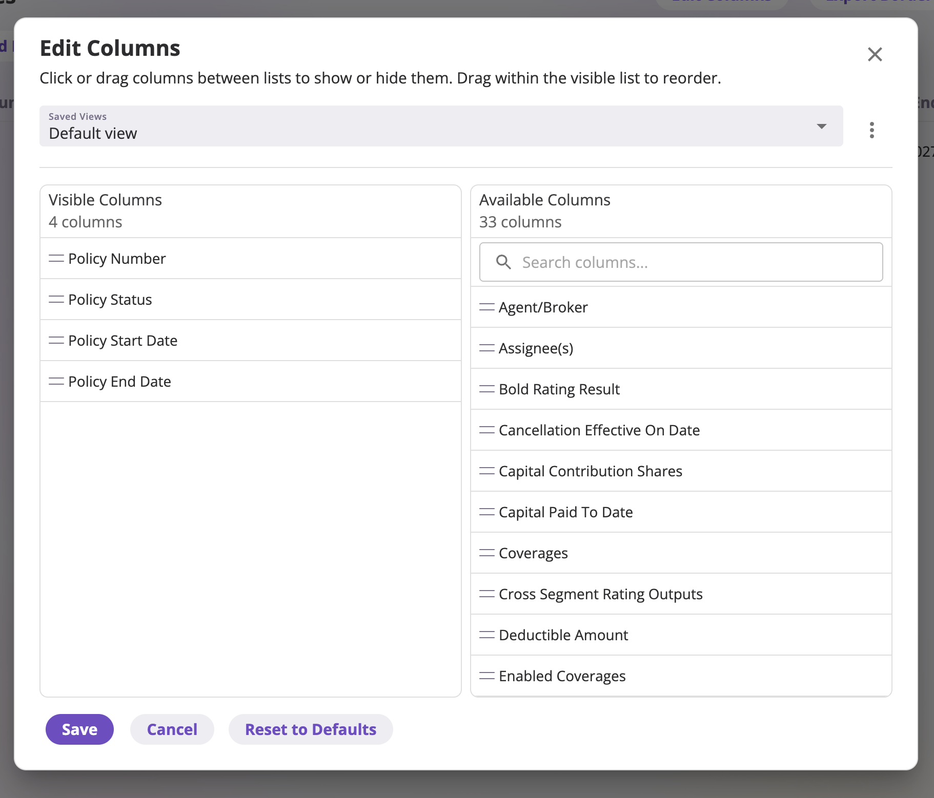 The Edit Columns dialog showing a Saved Views dropdown with an actions menu, a search box, and two drag-and-drop lists of visible and available columns.