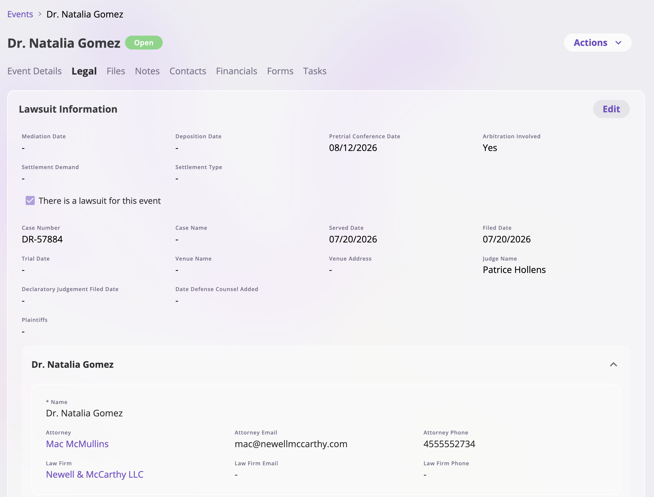 A claim's Legal tab showing a Lawsuit Information card with fields like Has Lawsuit, case name and number, plaintiffs, defendants, venue, judge, served/filed/trial dates, mediation and deposition dates, arbitration involved, settlement demand, and settlement type.