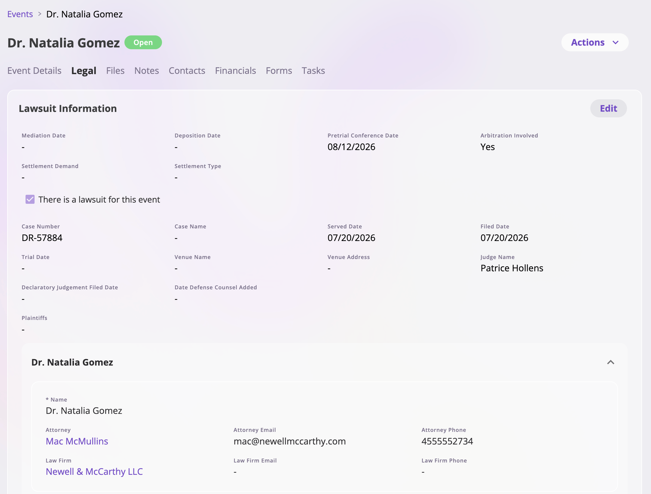 A claim's Legal tab showing a Lawsuit Information card with fields like Has Lawsuit, case name and number, plaintiffs, defendants, venue, judge, served/filed/trial dates, mediation and deposition dates, arbitration involved, settlement demand, and settlement type.
