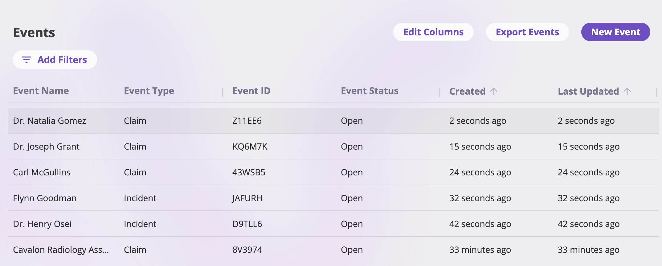 The Events list page showing rows of claims and incidents with Event Name, Event Type, Reference ID, Status, Created, and Last Updated columns, and toolbar buttons Edit Columns, Export Events, and New Event.