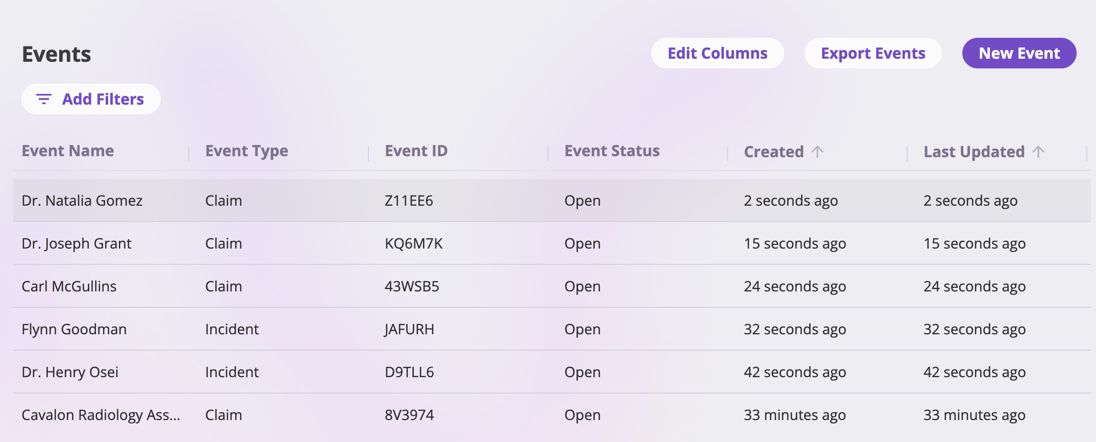 The Events list page showing rows of claims and incidents with Event Name, Event Type, Reference ID, Status, Created, and Last Updated columns, and toolbar buttons Edit Columns, Export Events, and New Event.