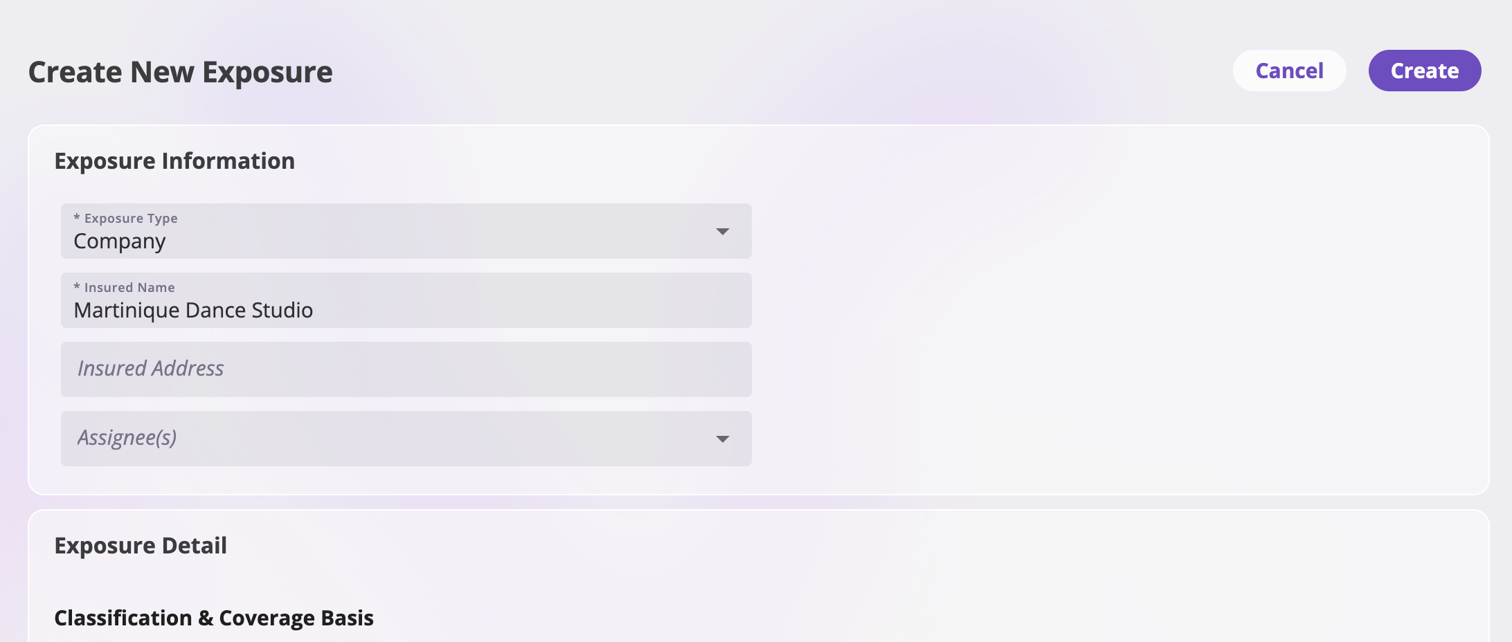 The Create New Exposure page showing configured exposure fields laid out in cards with Cancel and Create buttons at the top right, Create disabled until required fields are filled.