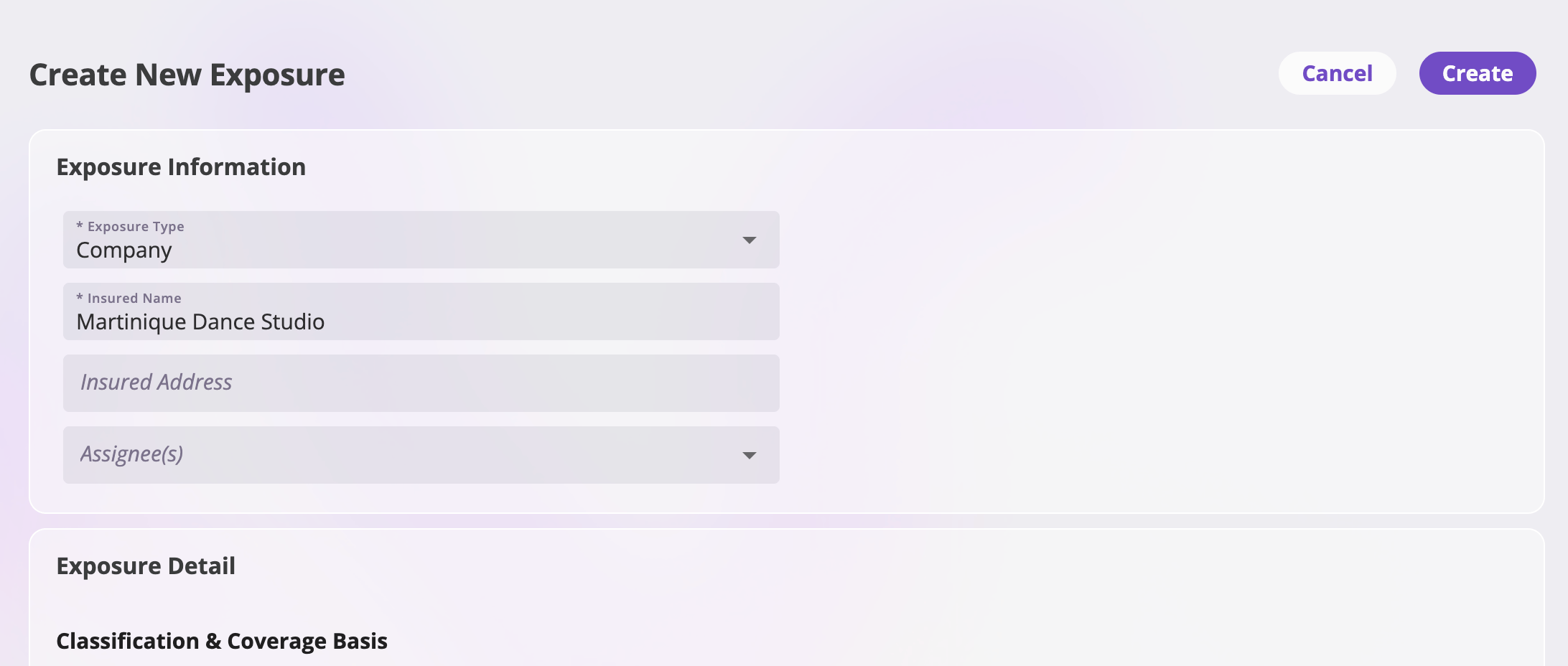 The Create New Exposure page showing configured exposure fields laid out in cards with Cancel and Create buttons at the top right, Create disabled until required fields are filled.